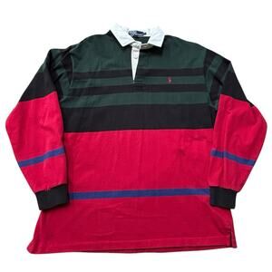 Vintage Polo Ralph Lauren Large Green Black Red Blue Striped Rugby Long Sleeve